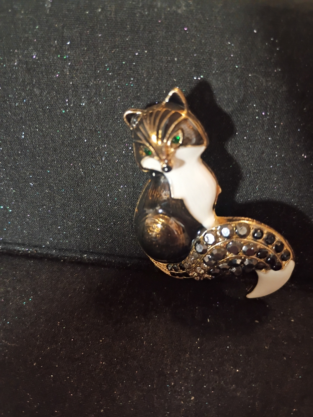 Elegant Black and White Fox Brooch with Green Crystal Eyes